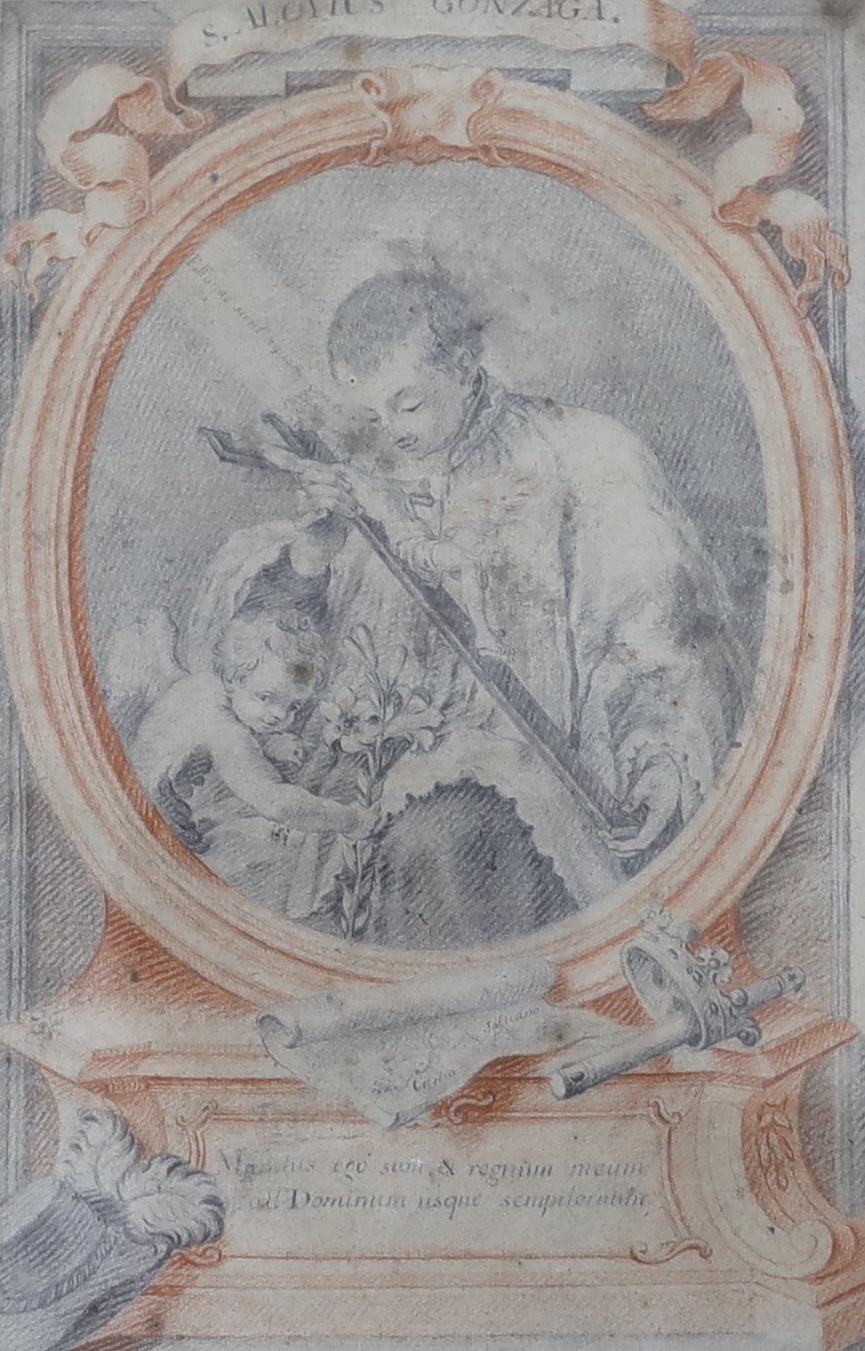 Italian Old Master, pencil and sanguine chalk, St Aloysius Gonzaga, indistinct ink inscription verso, 21.5 x 15cm